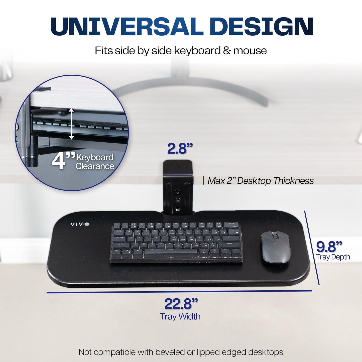 VIVO Clamp-on 23 x 10 inch Rotating Computer Keyboard and Mouse Tray, Extra Sturdy Single Desk Swivel Clamp, Ergonomic Typing, Black, MOUNT-KB04CB