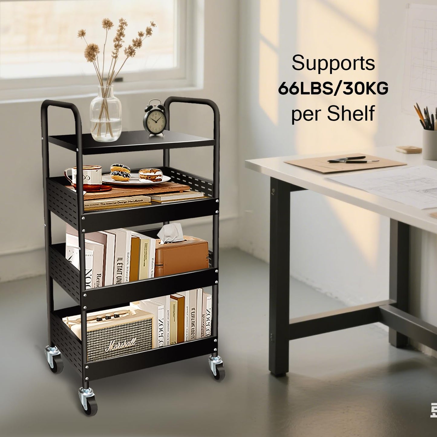 Goodsnetic 4-Tier Trolley Cart, Metal Storage Trolley on Wheels, Black