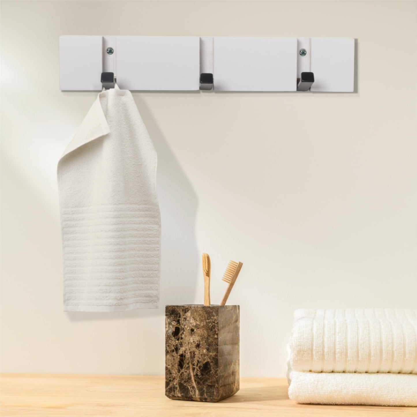 RICOO Modern Coat Hooks Wall Mounted, MH023S-W Wall Hanger with 3 Retractable Hooks, Wall Coat Rack with Space-Saving Design for Coats, Bags