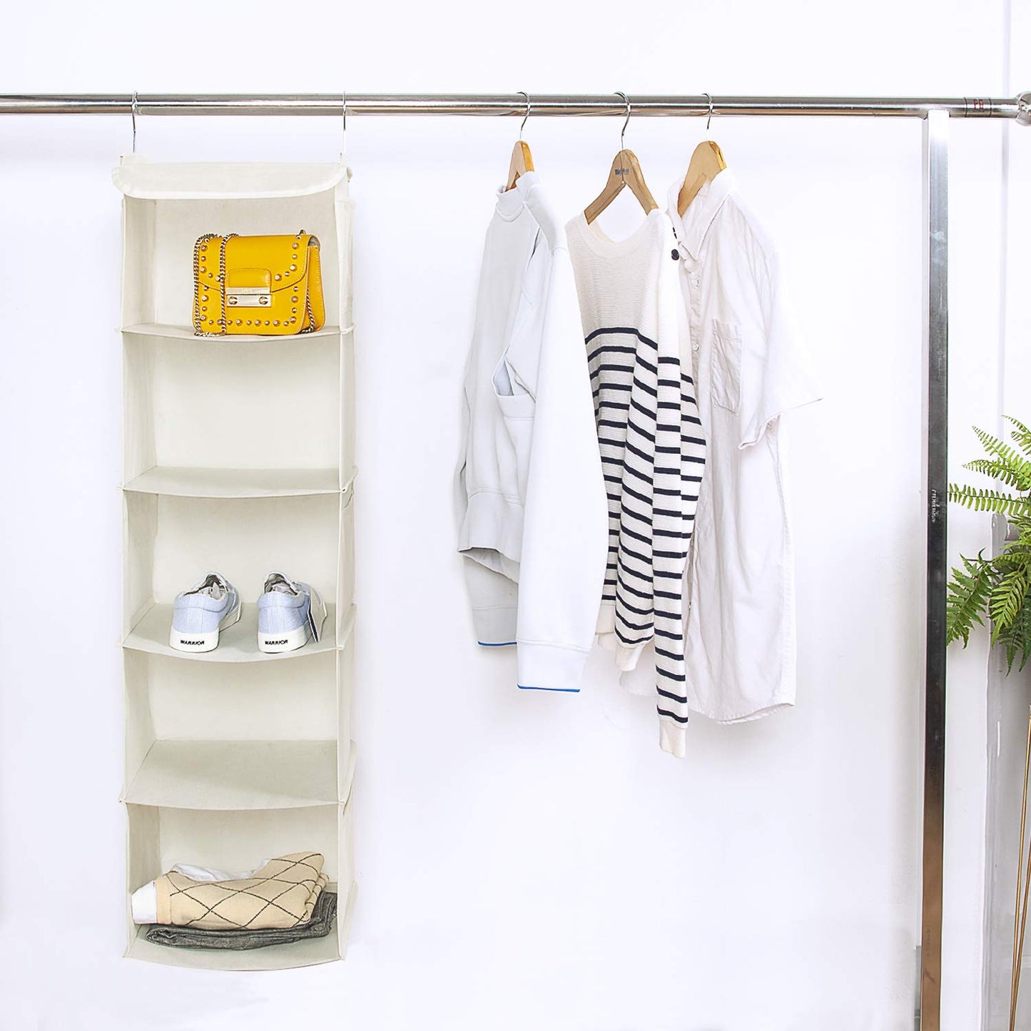 BrilliantJo Hanging Storage with 5 Shelves Wardrobe Closet Organiser, Storage Shelves Unit with 6 Pockets for Clothes - Beige(30 x 30 x 108cm)