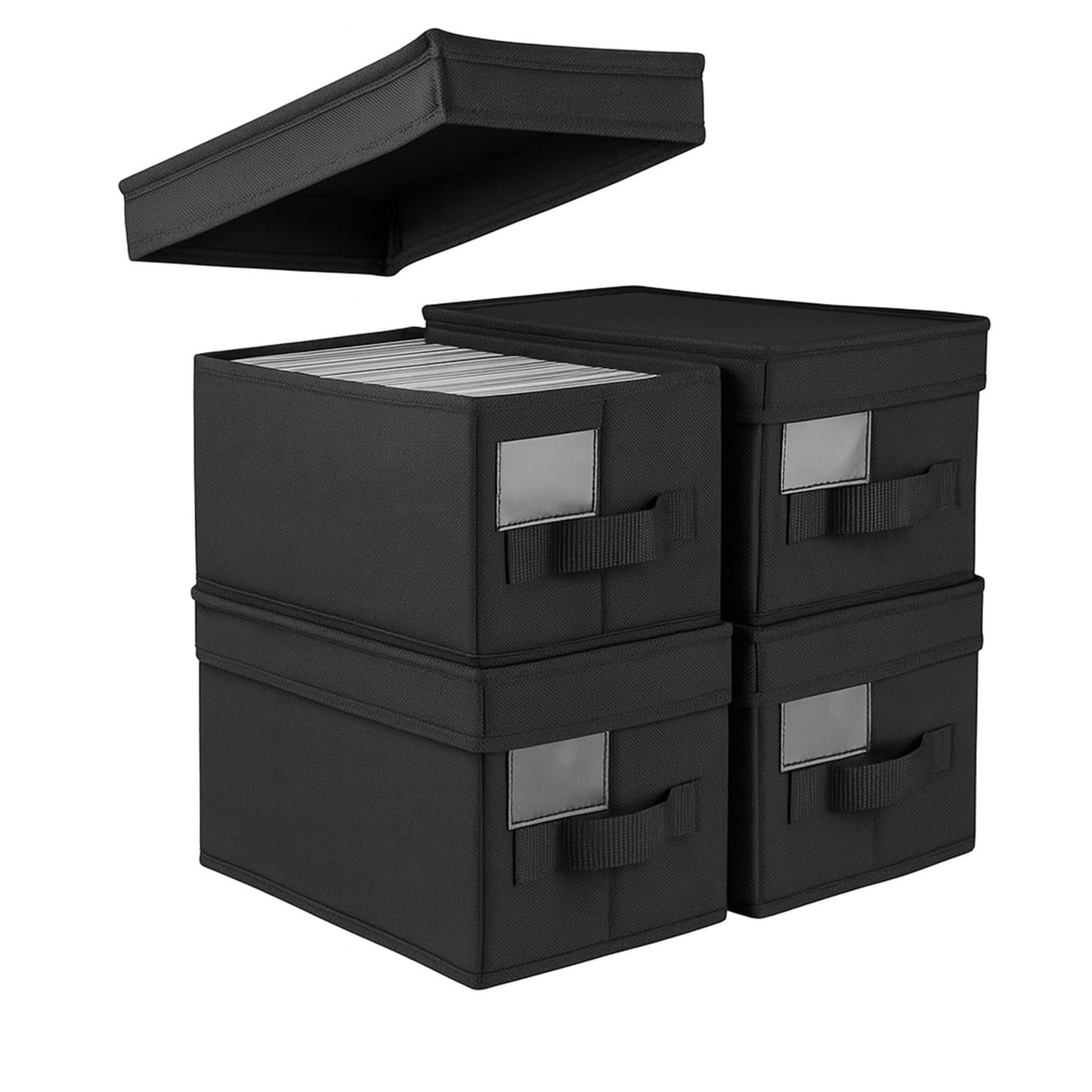WinHUb CD Storage Boxes Set of 4, Foldable CD DVD Organiser with Lids 35x17x14cm, Holds 30 CDs Full Case, 60 Slim Case or 165 Sleeves