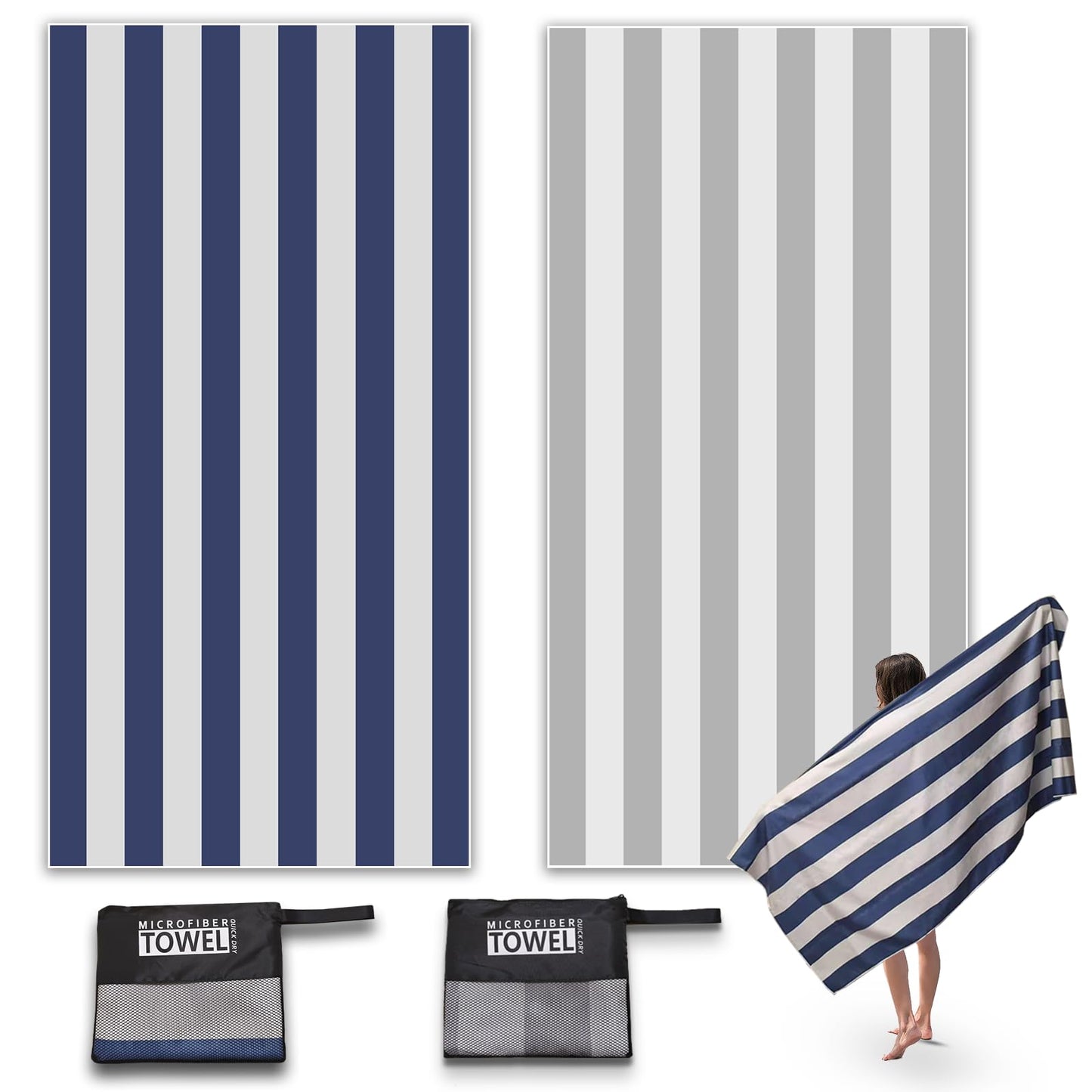 Anavasi 2 Pack Microfibre Beach Towels for Adults, 180 x 90 cm with Net Bag
