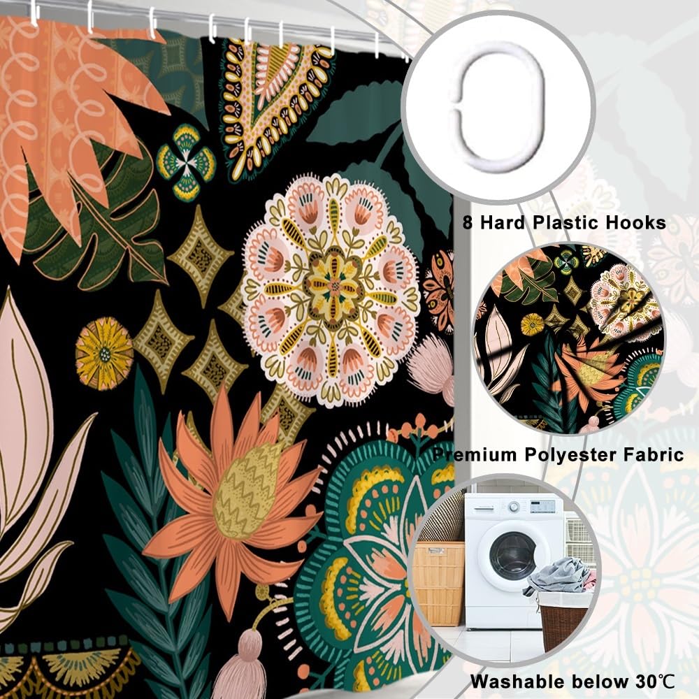 Uiiooazy Boho Shower Curtain, Floral Green Leaves Bohemian Tropical Plant Bath Curtain Anti Mildew Waterproof Polyester Fabric Opaque Washable Shower
