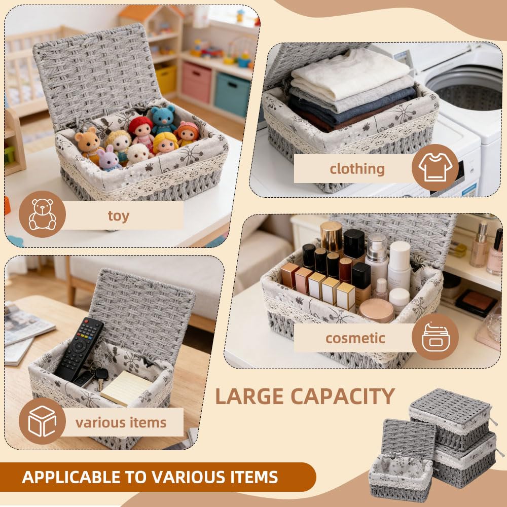 KiKiHong 3 Pcs Set Grey Storage Basket With Lid Boho Handwoven Basket
