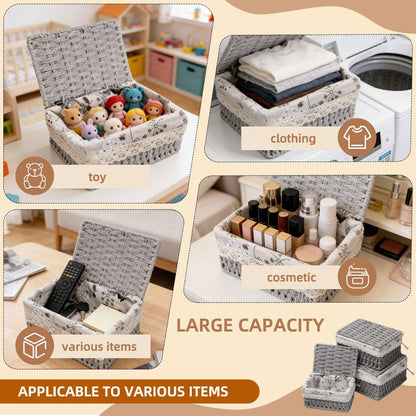 KiKiHong 3 Pcs Set Grey Storage Basket With Lid Boho Handwoven Basket