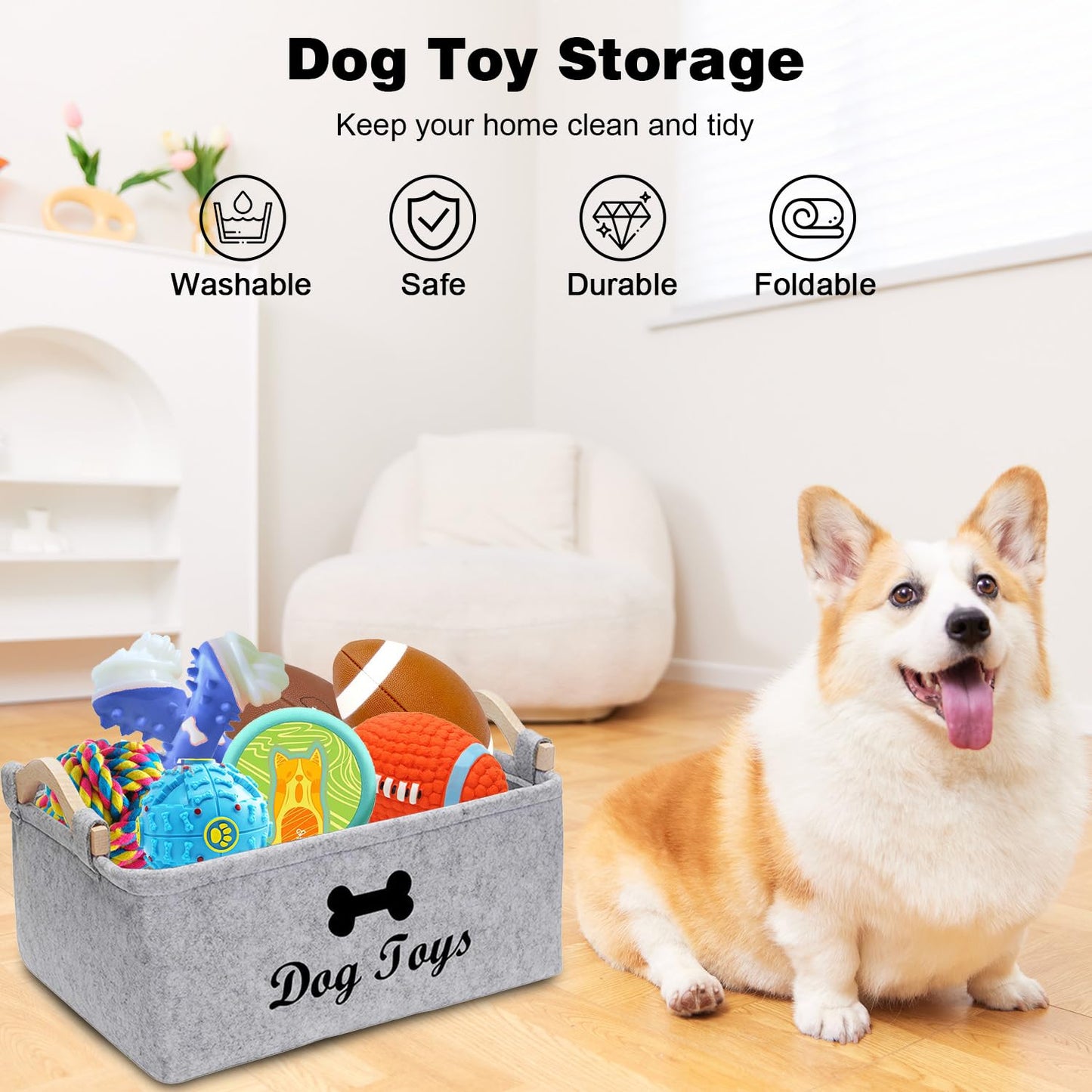 Onperpoe Dog Toy Basket with Wooden Handle, Collapsible Dog Toy Box Puppy Toys Box for Dogs, Pet Supplies Storage Basket, Dog Toys Storage