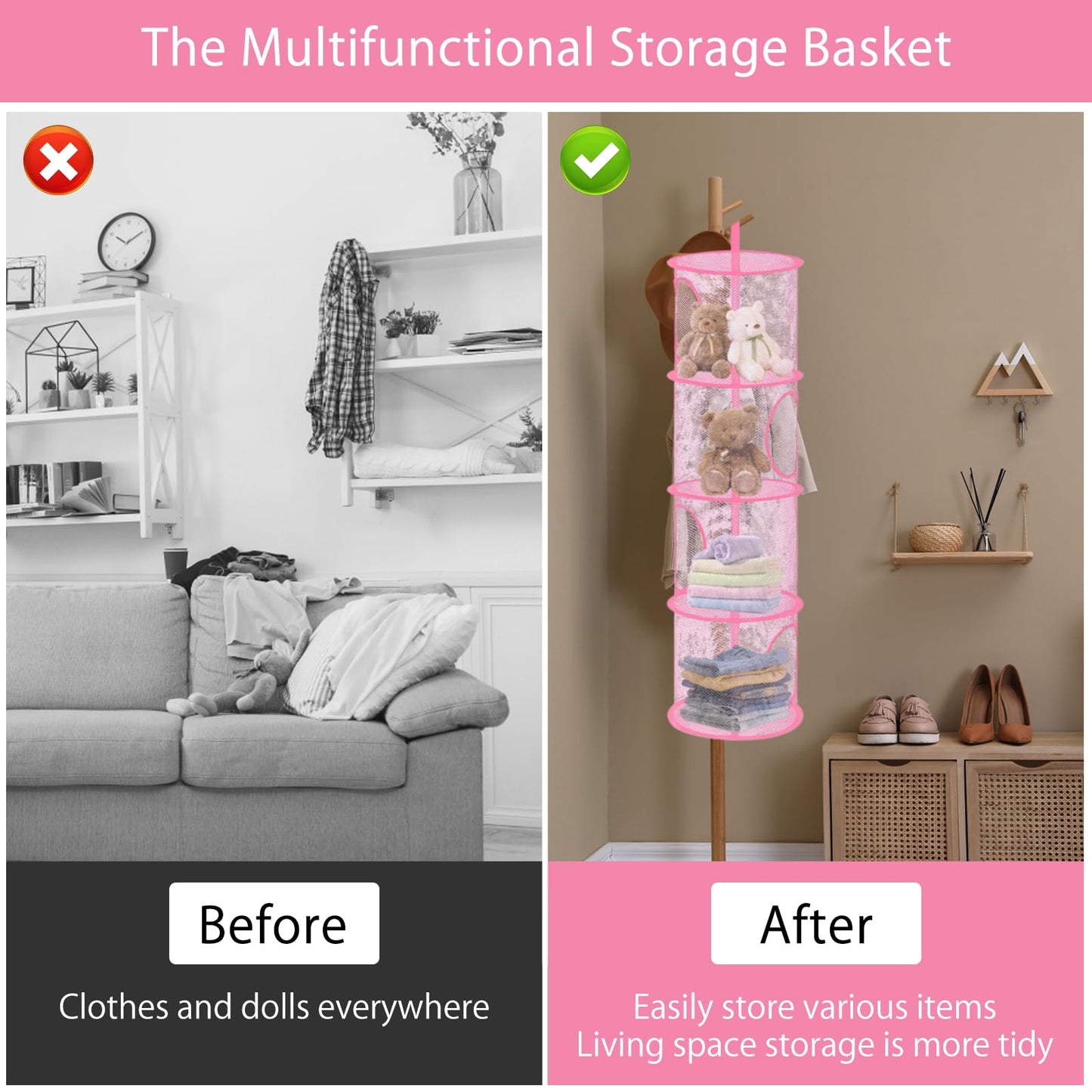 APOMOONS Hanging Mesh Storage Basket, Foldable 4 Tier Hanging Teddy Storage Net, Compartments Soft Toy