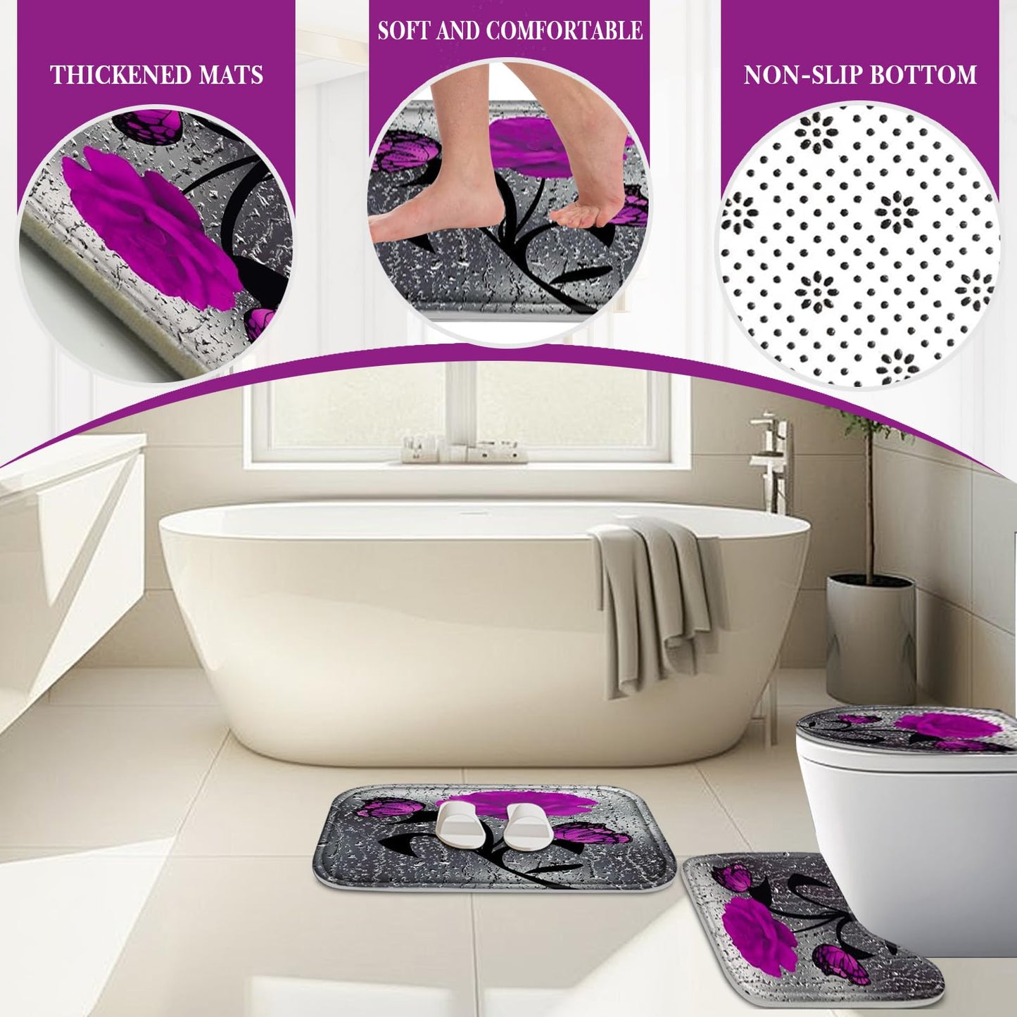 BXFUL 4 Piece Waterproof Shower Curtain Set for Bathroom-Rose-Non-Slip Bath Mat and 12 Hooks,Curtain Set with Rug,Toilet Lid Cover Bathroom