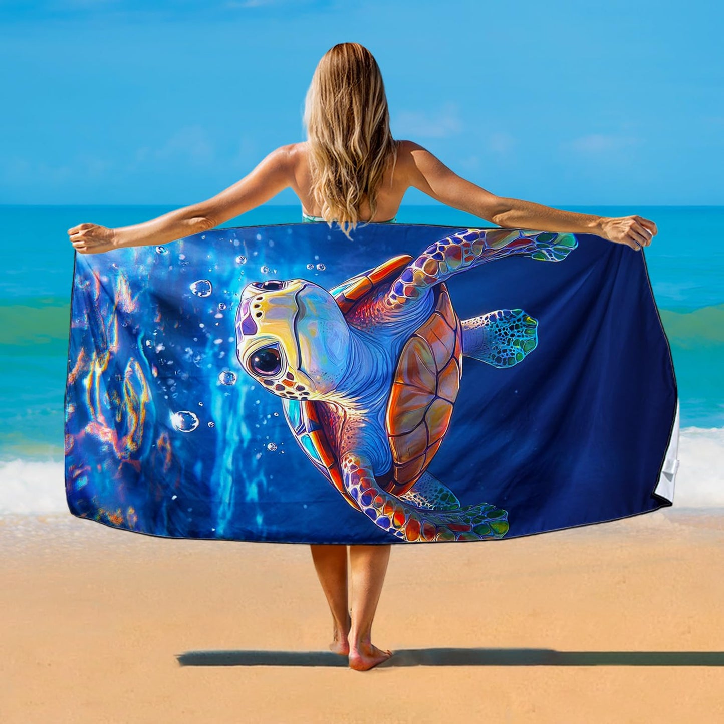 Violetpos Baby Sea Turtle Underwater Beach Towel, Extra Large 180x90 cm 250GSM Microfibre, Sand Free Quick Dry