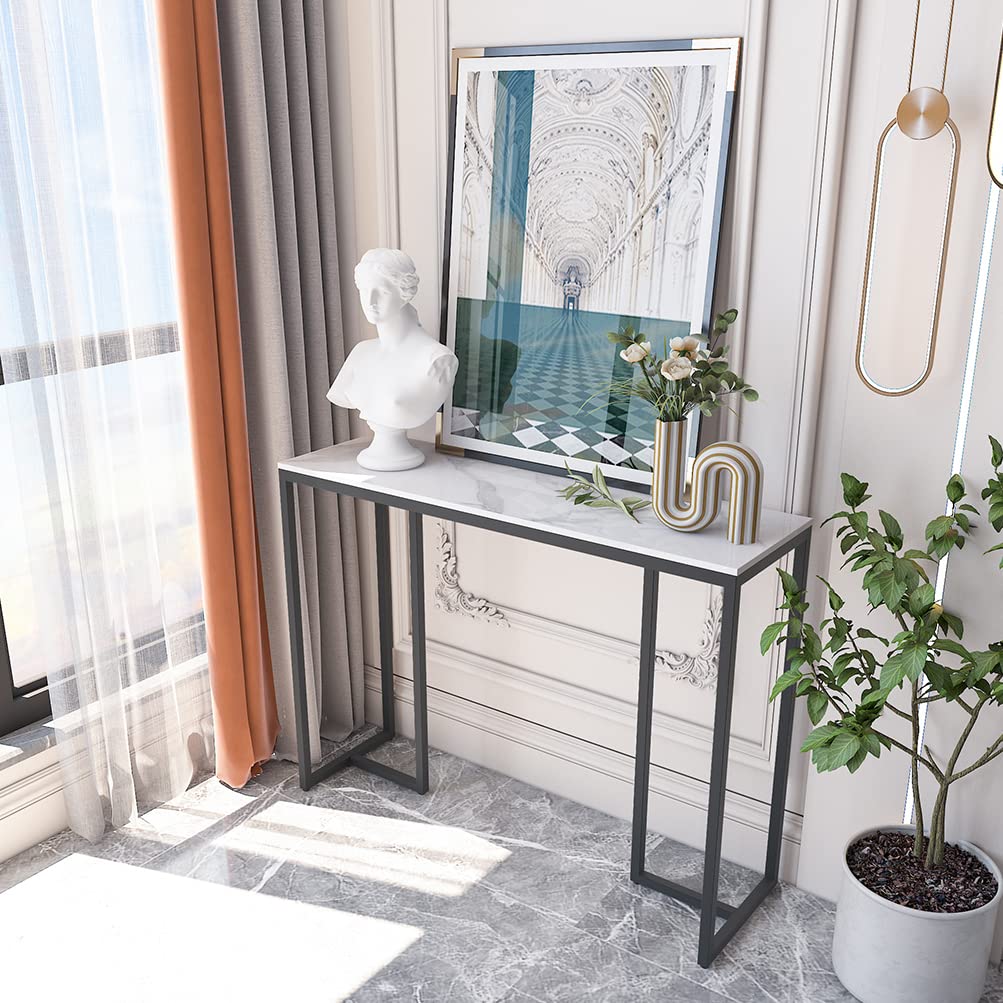 Slim Console Table Hallway Unit: White Marble Top Consoles Desk Long 100cm High Gloss Sintered Stone Marbles Effect and Black Legs Narrow Tall Modern