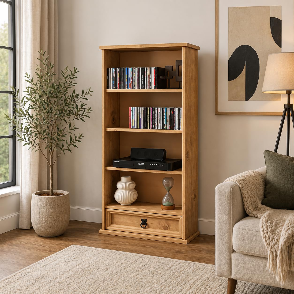Mews Corona 1 Drawer DVD/CD Rack Bookcase Storage Unit Mexican Style Solid Pine with Wax Finish