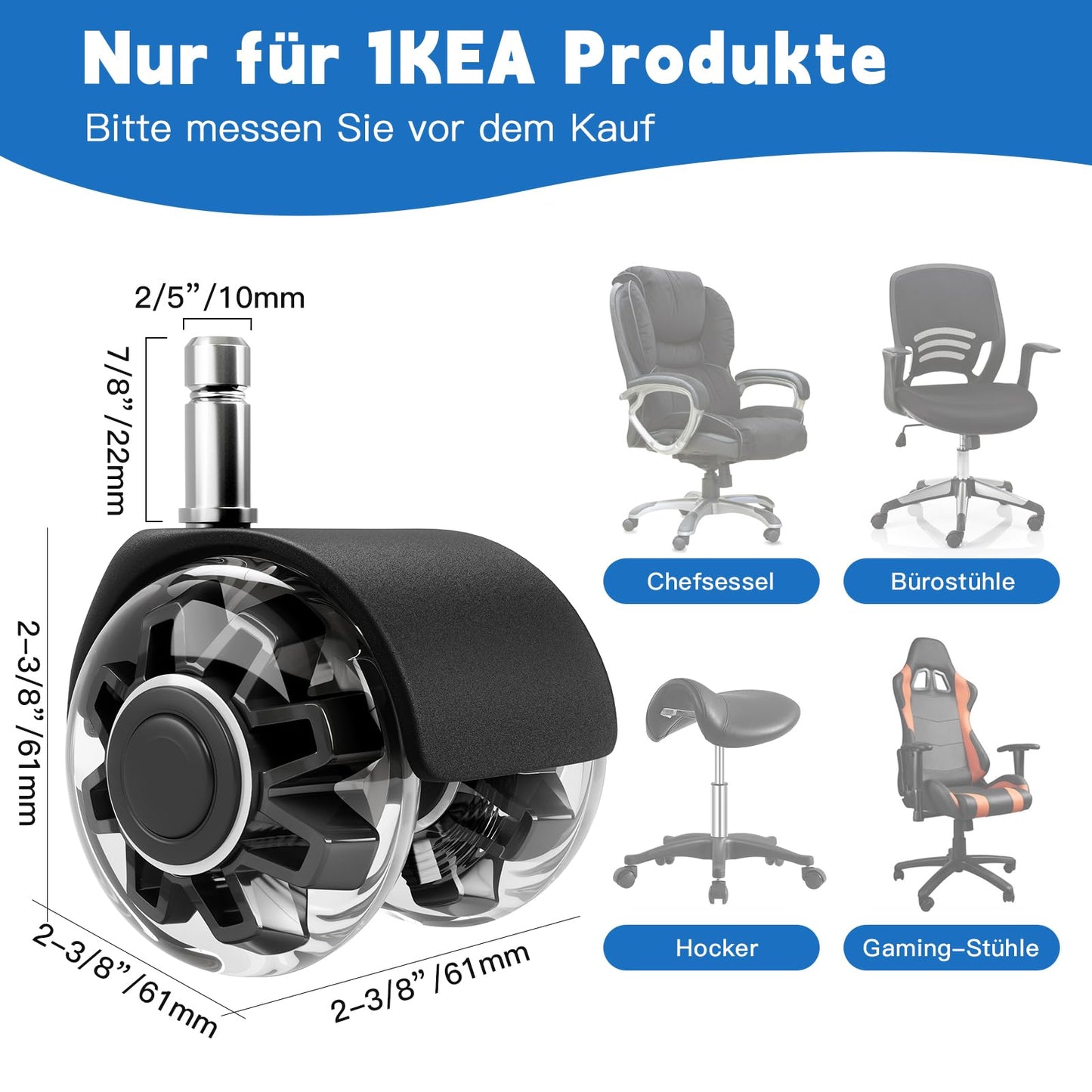 Replacement Office Chair Wheels (1000 kg) - 10 x 22 mm Wheels for Office Chairs, Smooth and Quiet Hard Floor Castors