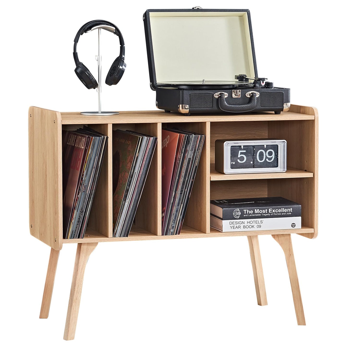 LELELINKY Record Player Stand, 4 Compartments, Holds Up to 220 Records