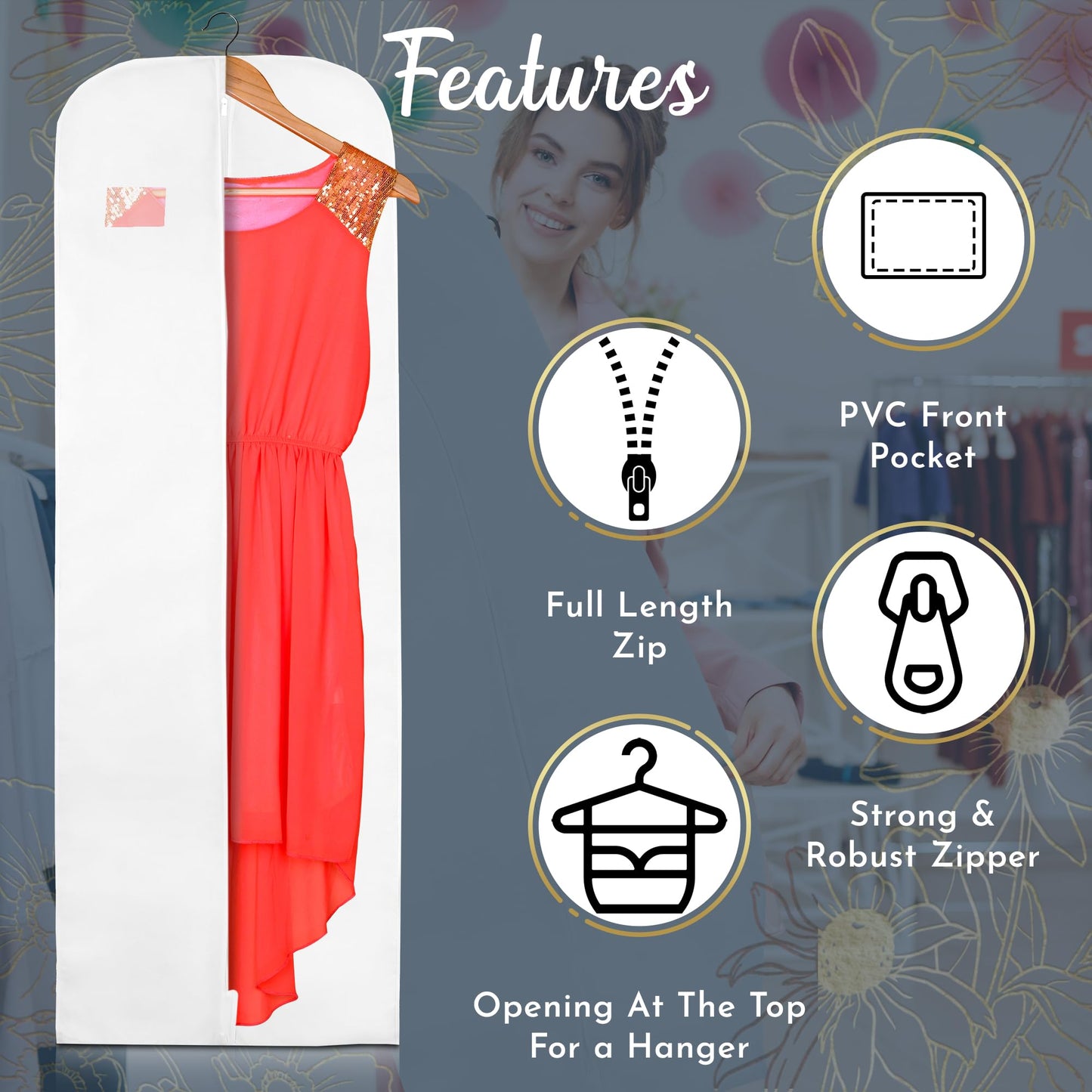 Wedcova Dress Bag | Hanging Garment Bags | Full Length Travel Covers | Wedding Long Clothes Storage Cover with Zipper for Women | 72 Inch (182cm)