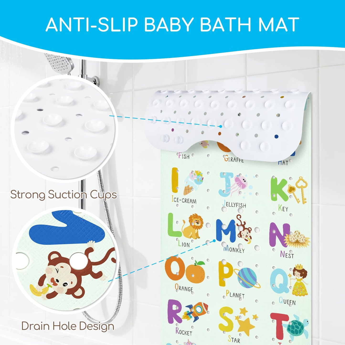 omedecal Baby Bath Mat Non Slip for Tub, 100 * 40cm, Alphabet