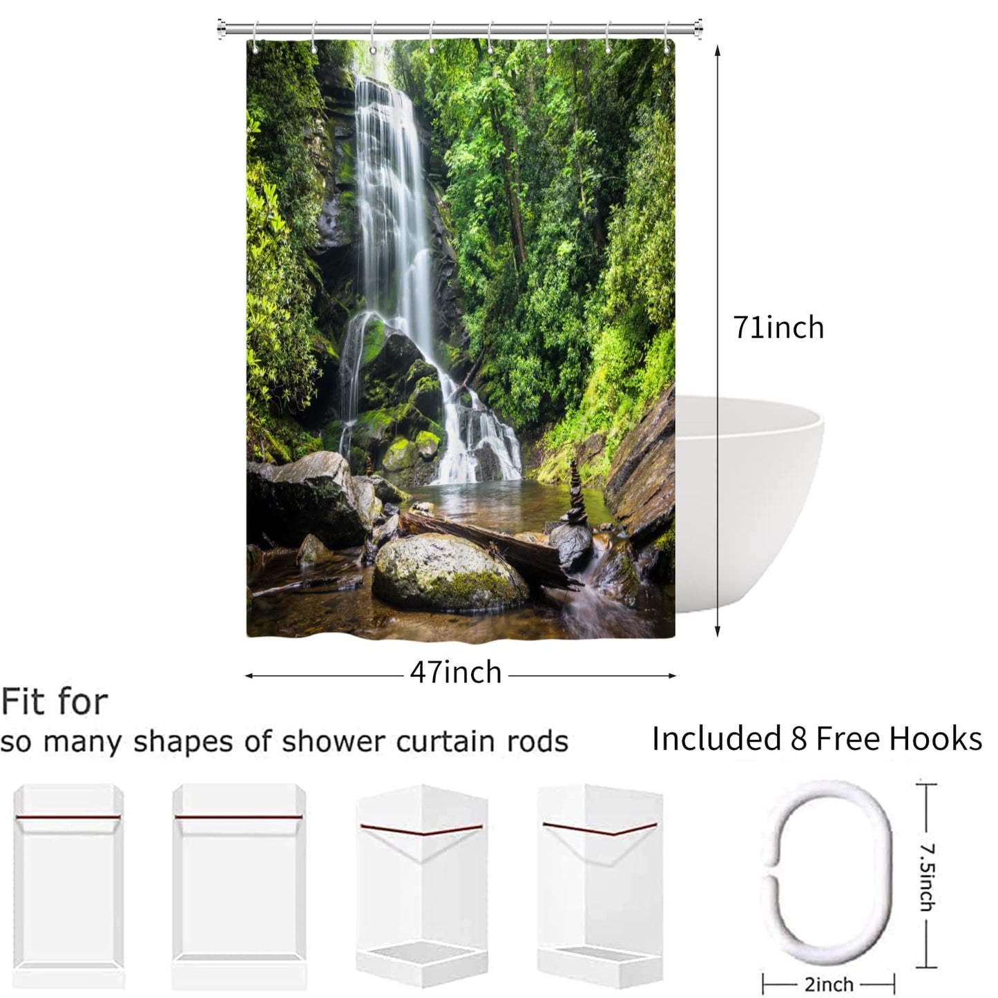 Hnmdmyi Forest Shower Curtain 120x180, Tropical Jungle Rainforest Green Tree Plant Nature Landscape Waterfall Scenery Bathroom Curtains Waterproof