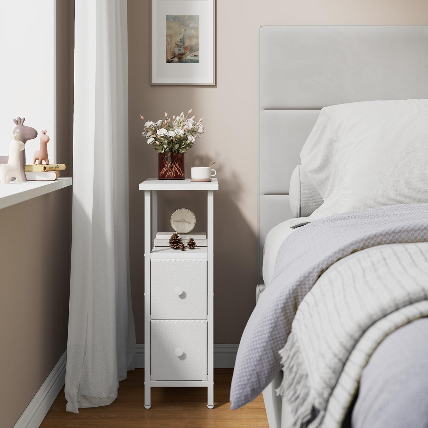 YMYNY Narrow Side Table Set of 2, Slim Bedside Table with 2 Fabric Drawers, Nightstand for Small Spaces
