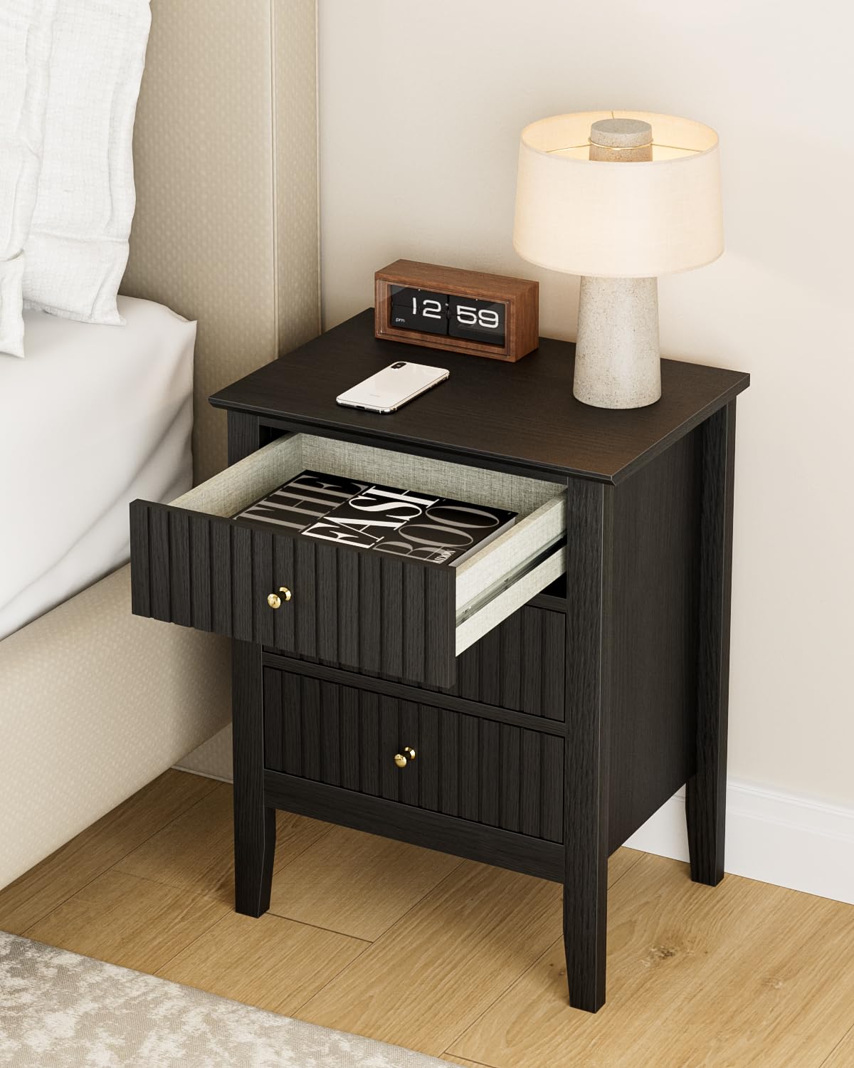 HEYZOEY Black Country Bedside Table, 3 Fluted Drawers, 17.8×13.3×24 in