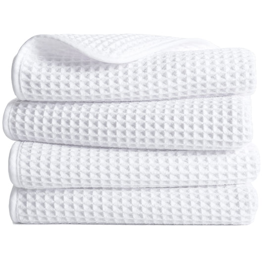 POLYTE Microfibre Lint Free Hand Towel, 40 x 76 cm, 4 Pack (White, Waffle Weave)