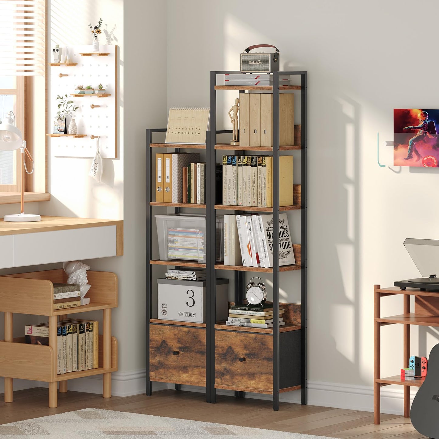 MAHANCRIS Bookshelf, 5-Tier Bookcase with Removable Drawer, Freestanding Book Shelf for Small Space, Storage Shelf Organizer, for Living Room