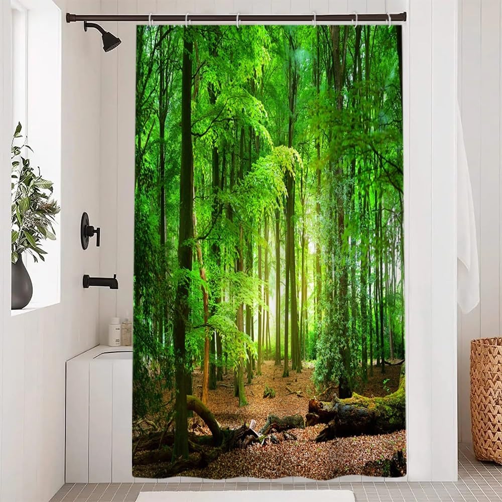 Uiiooazy Shower Curtain, 120 x 200 cm, Shower Curtain, Anti-Mould, Green Leaves, Spring, Autumn, Forest, Landscape, Shower Curtains, Fabric, Washable,