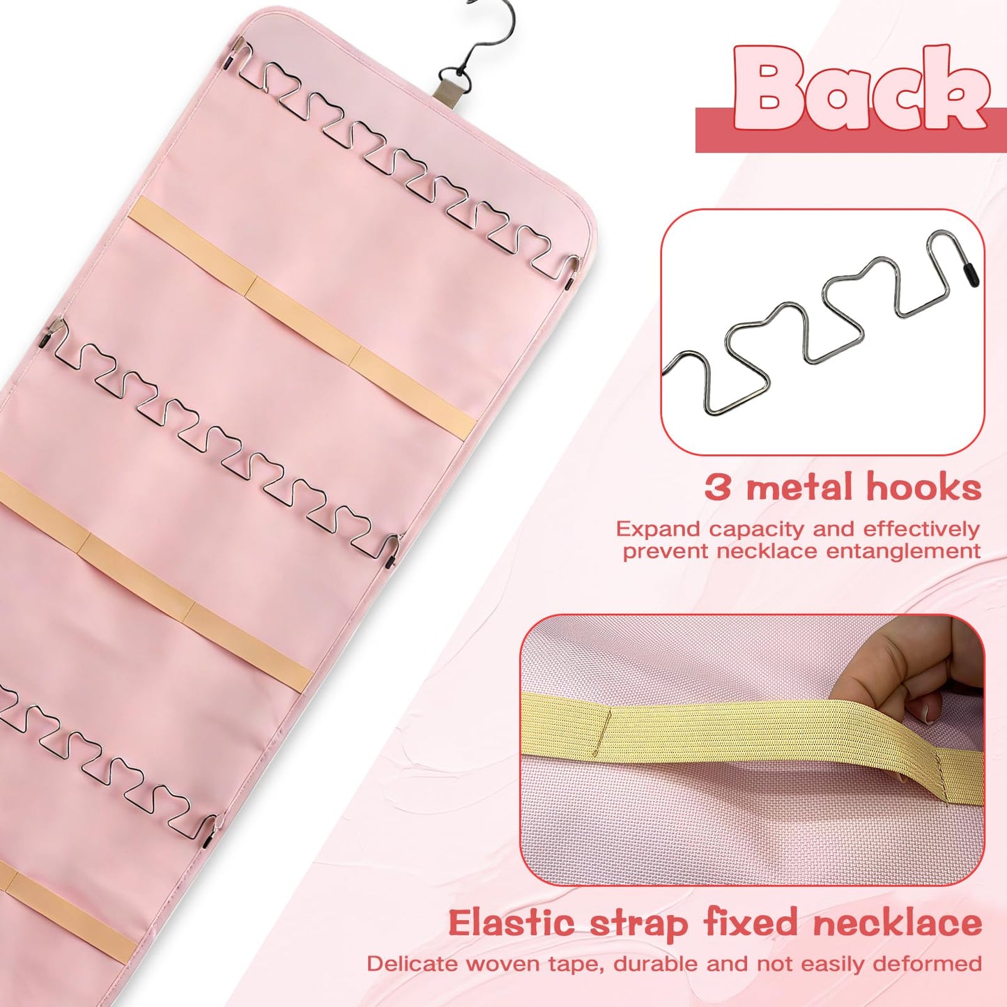 Jewelry Organizer Hanging, Dual-sided Hanging Jewelry Organizer Holder with Metal Hooks, 36 Pockets 3 Wave-Shaped Hooks