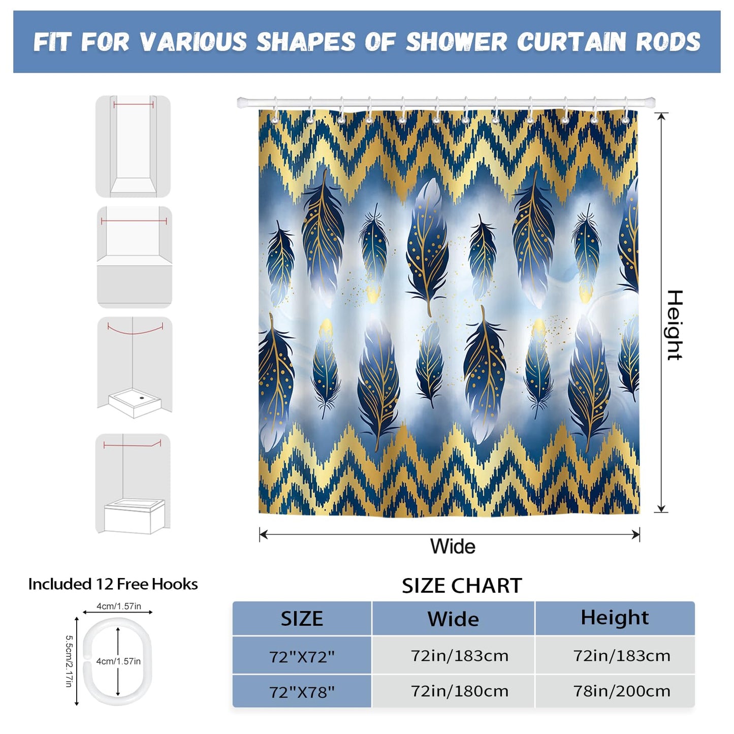 hometrixx Navy Blue Gold Feather Geometric Lines Shower Curtain 180x180cm