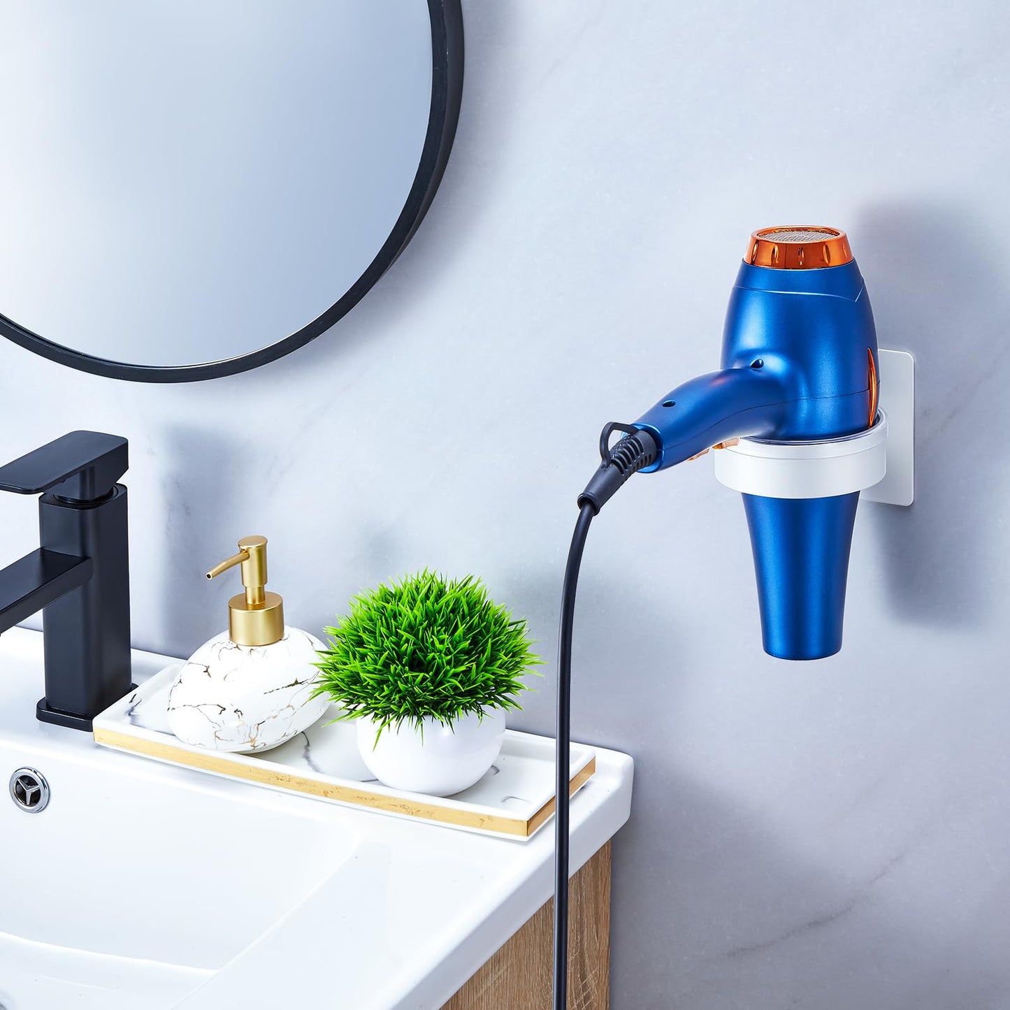 YYBO Hair Dryer Holder Wall Mount, Hairdryer Holder Station for Hair Dryer Storage, Adhesive Hairdryer Stand Rack for Dressing Table Bathroom (White)