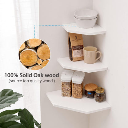 GIEANOO Corner Shelf, Set of 2 Solid Oak Wood White Floating Corner Shelf Wall Mount Organizer with Wire Hole Small Plant Display for Kitchen Living
