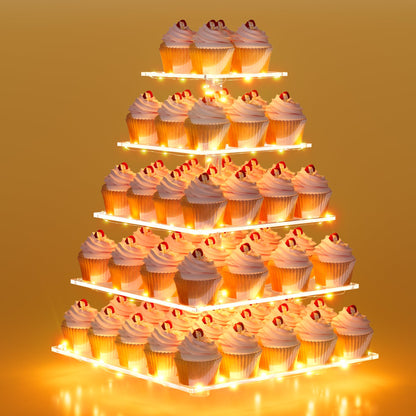 weddingwish 5 Tier Acrylic Cupcake Stand with LED Light, Clear Cupcake Stand for 50 Cupcakes, Cupcake Holder Tower Dessert Table Display Set for