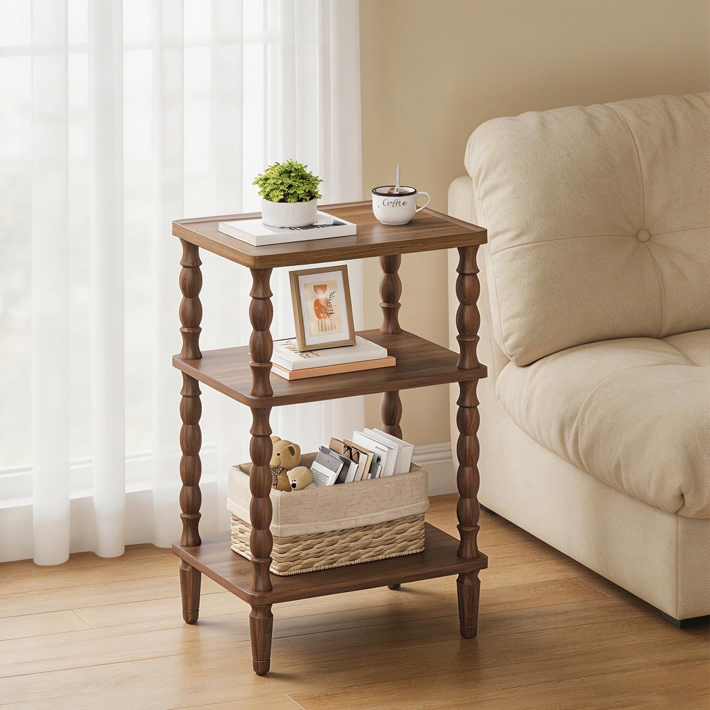 HOOBRO Side Table, 3-Tier Small Table with Solid Wood Legs, Retro Bedside Table Sofa Table with Open Shelf, Nightstand, Accent Table for Small Space