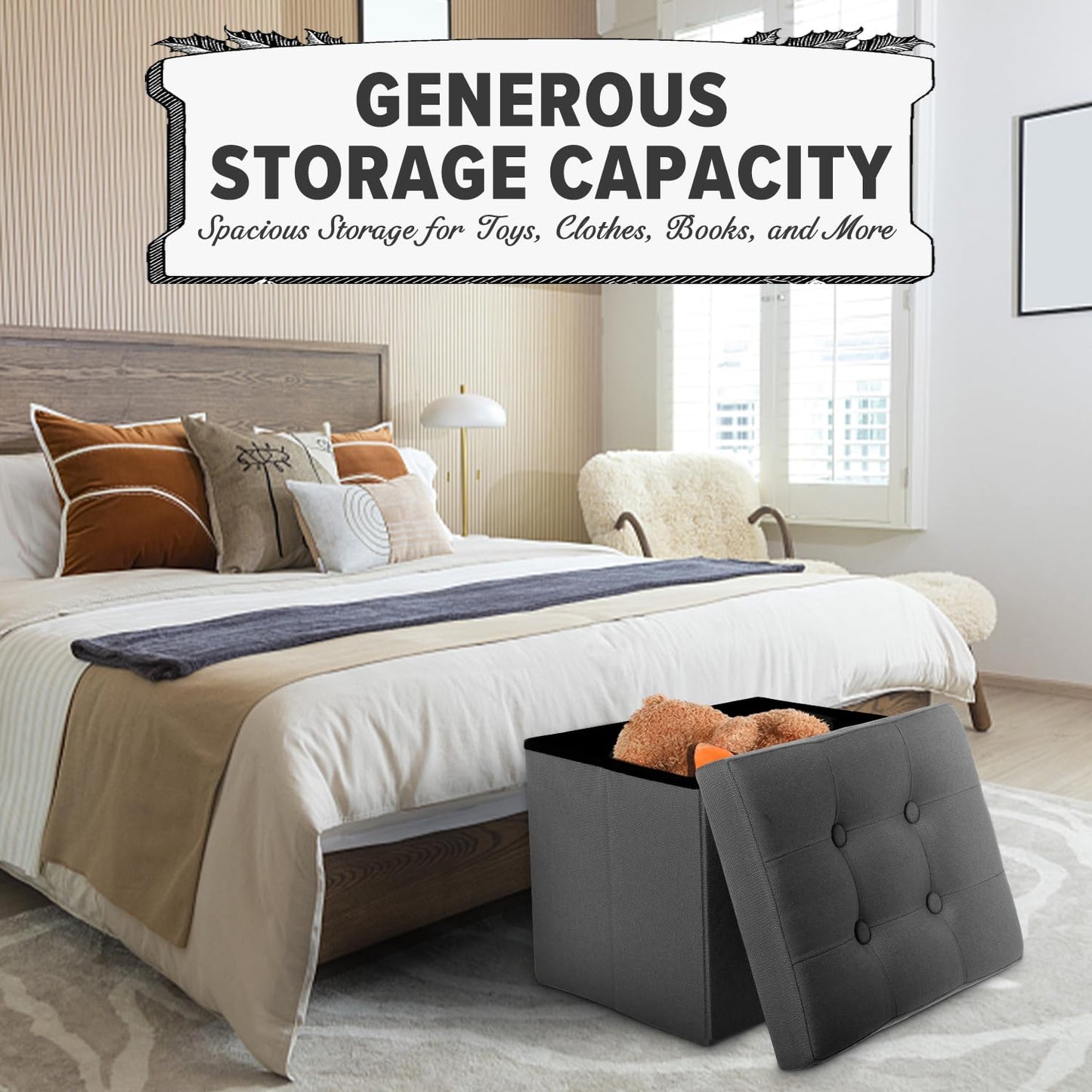 LINMAGCO Storage Ottoman Folding Foot Stool Foot Rest with Side Pocket Modern Ottoman with Storage Short Sofa Stool Linen Cloth 17x13x13(Dark Gray)