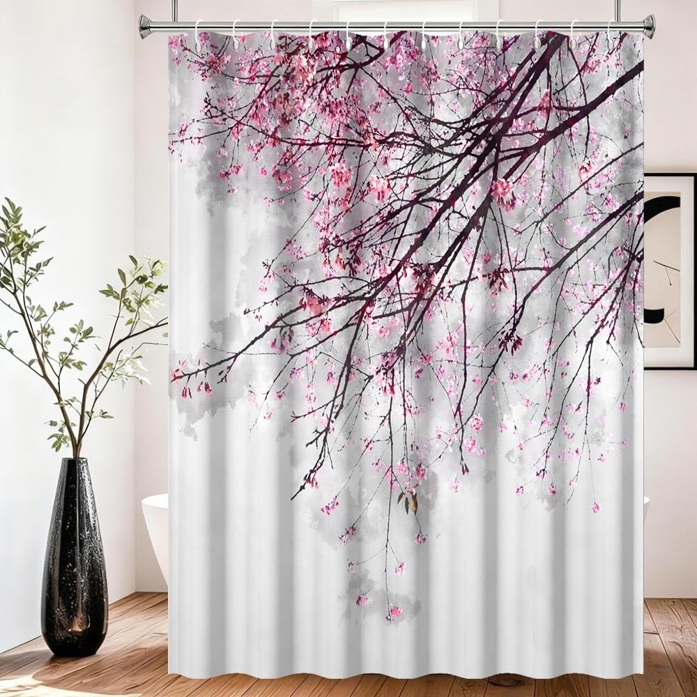 Xiaoterna Spring Shower Curtain Cherry Blossom Shower Curtain Red Plum Floral Bathroom Curtain Chinese Oriental Ink Painting Floral Shower Curtain