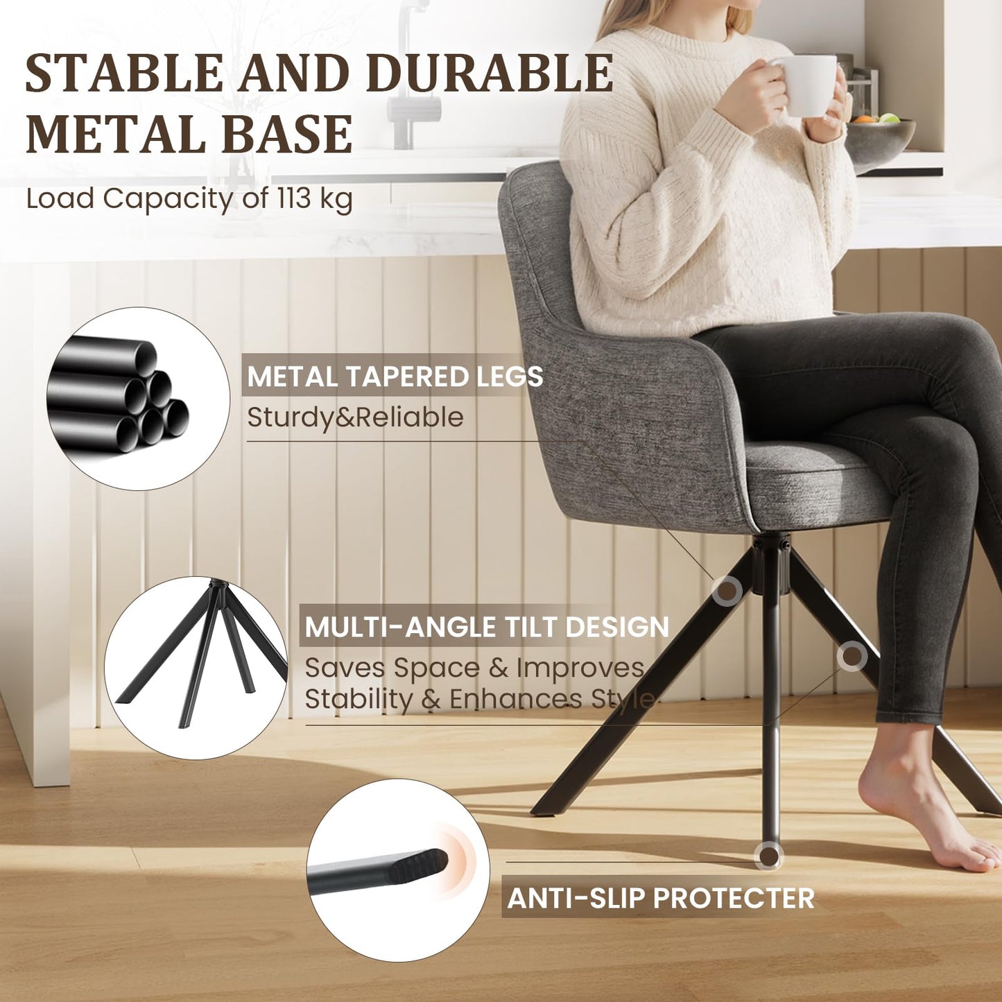 COLAMY 360°Swivel Dining Chairs Set of 4, Fabric Chairs for Dining Room with Armrests, Hollow Backrest and Thick Seat Cushion