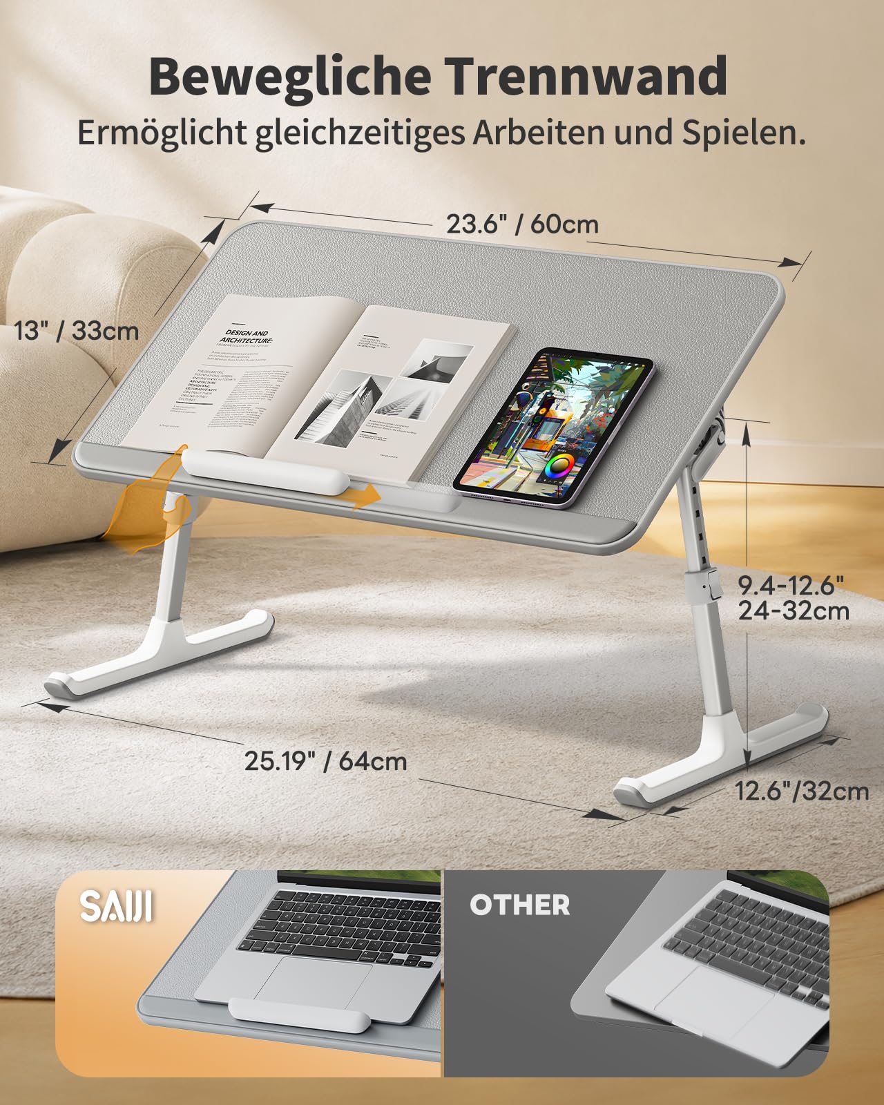 SAIJI Non-Slip Leather Lap Desk Laptop Bed Tray Table, Laptop Stand for Bed