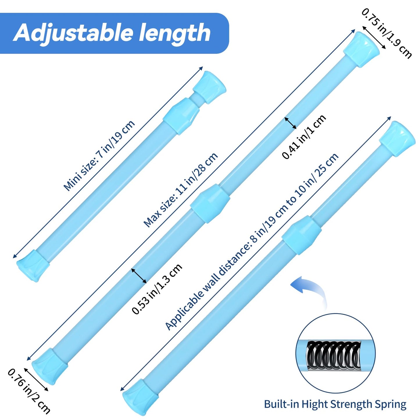 Goowin 6 Pcs Tension Rod, Tension Rods 18-28cm No Drilling Rustproof Spring Adjustable Tension Curtain Rod for Closet Cupboard Wardrobe Bookshelf