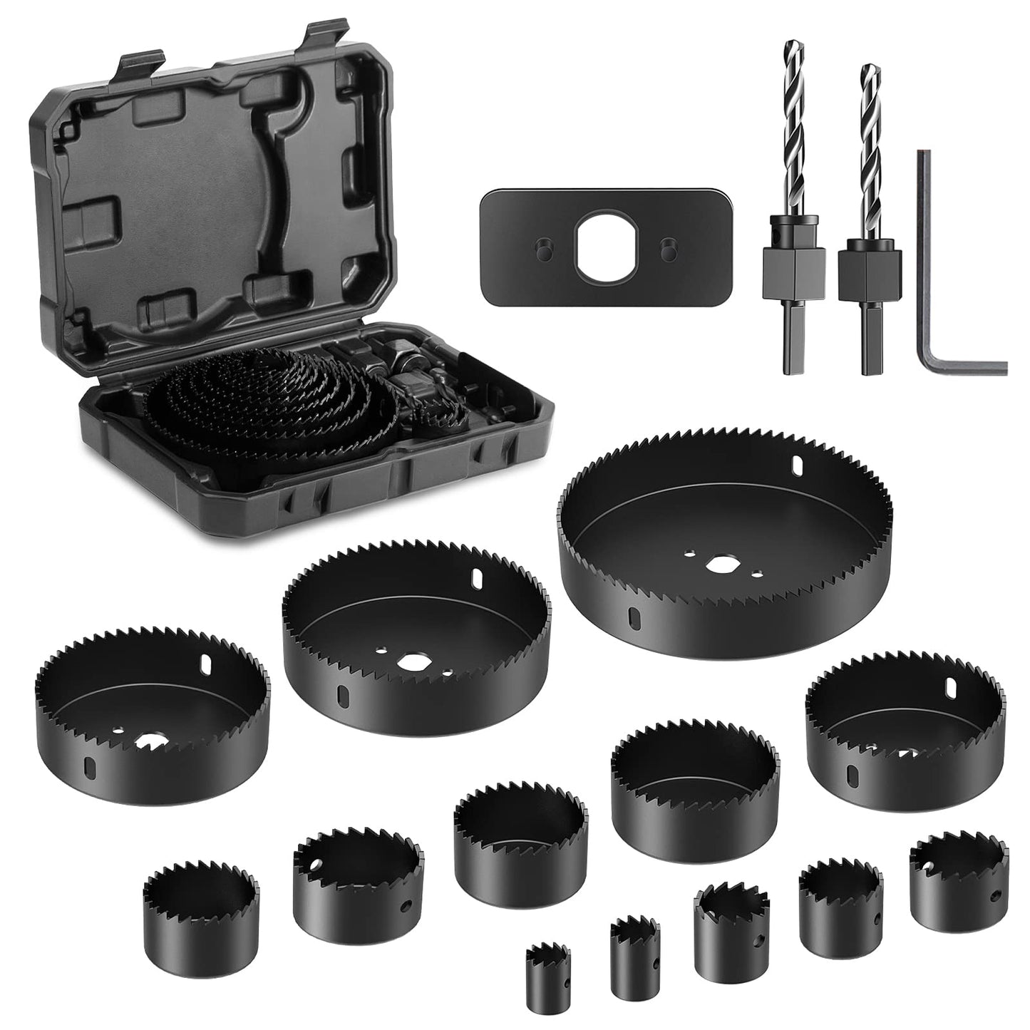HYCHIKA Hole Saw Sets, 19PCS Hole Saws 19 mm-127 mm, 1 Installation Plate, 1 Hex Key, 2 Drill Bits, 2 Mandrels, Perfect Drilling Drywall, Soft Wood,