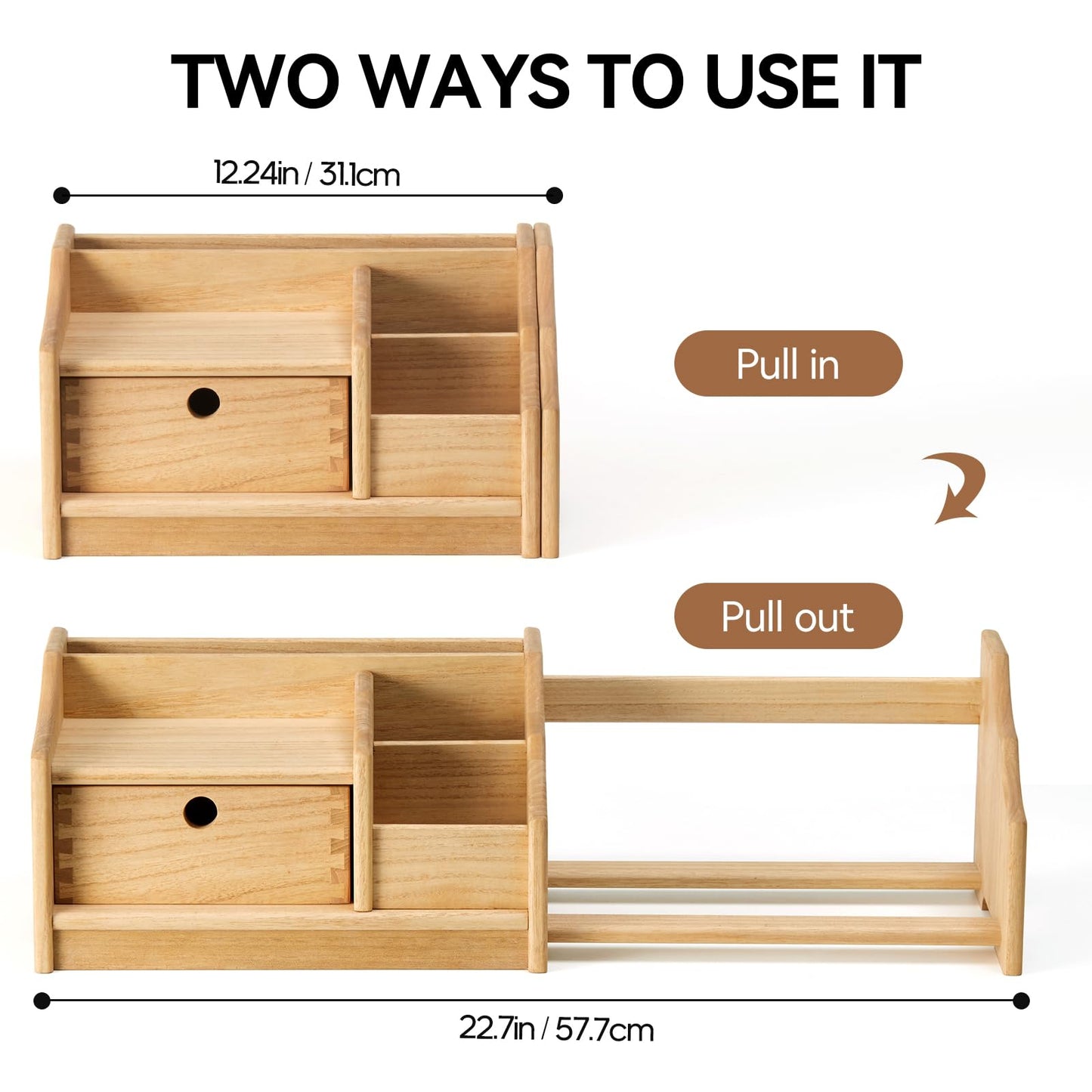 KIRIGEN Wooden Desktop Organiser with Drawer, Adjustable Bookshelf, Natural
