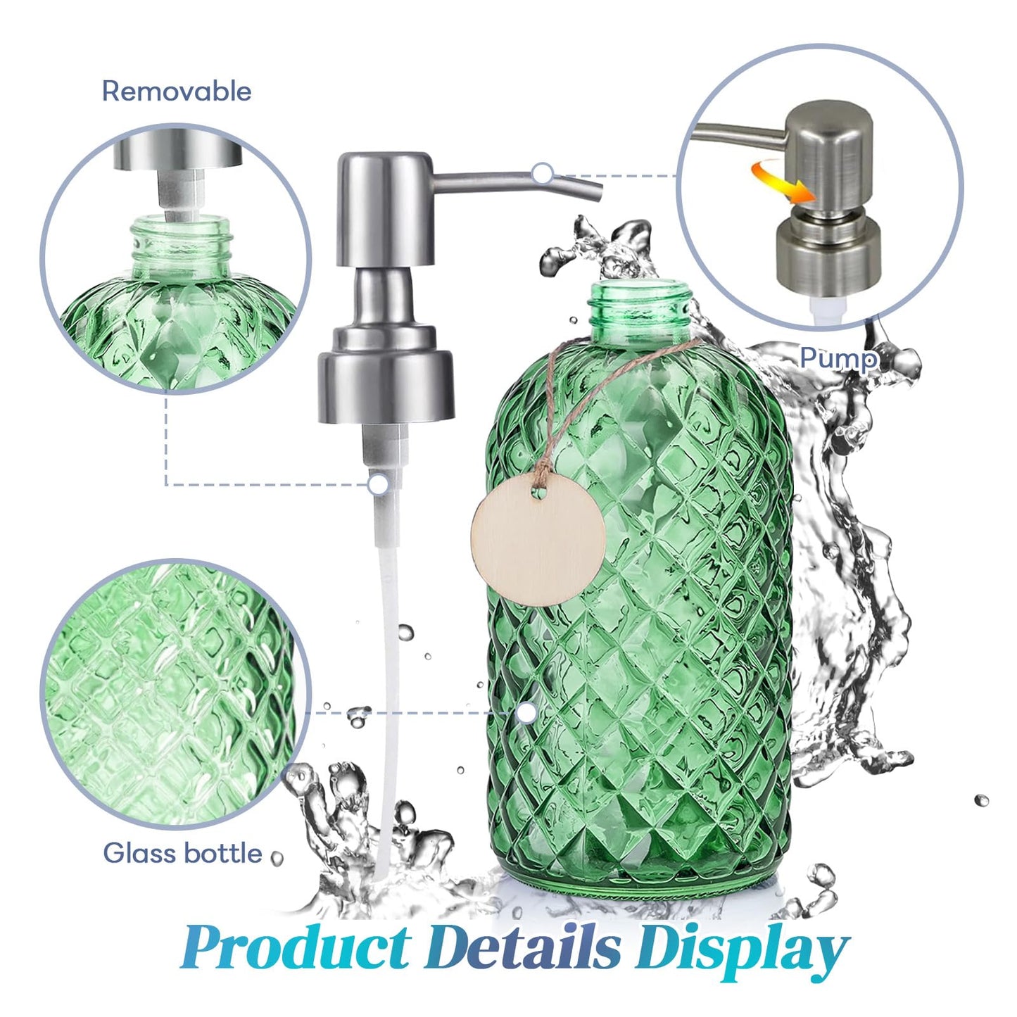 Topsky Glass Soap Dispenser with Silver Metal Pump 400ml Green
