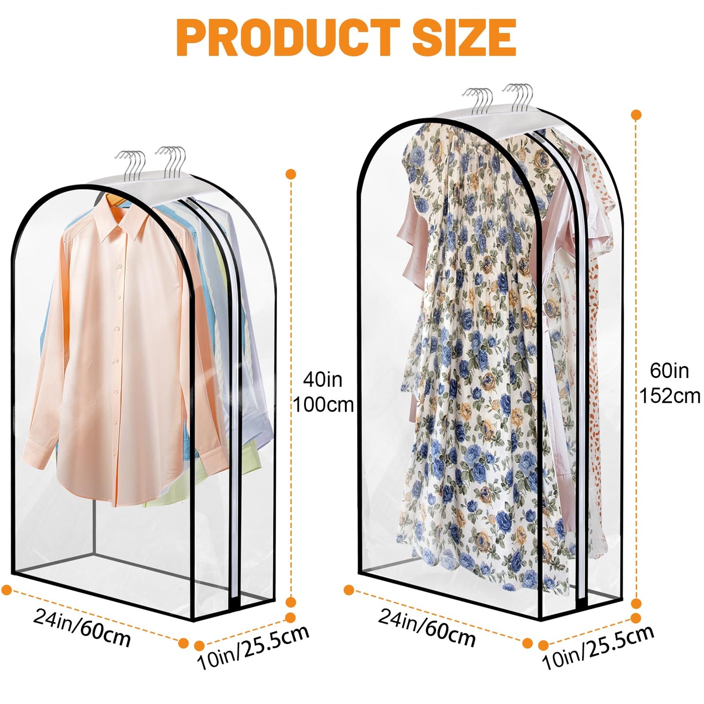4 Pack Clear Garment Bags, 40/60 Inch Clothes Covers with 10 Inch Gusset