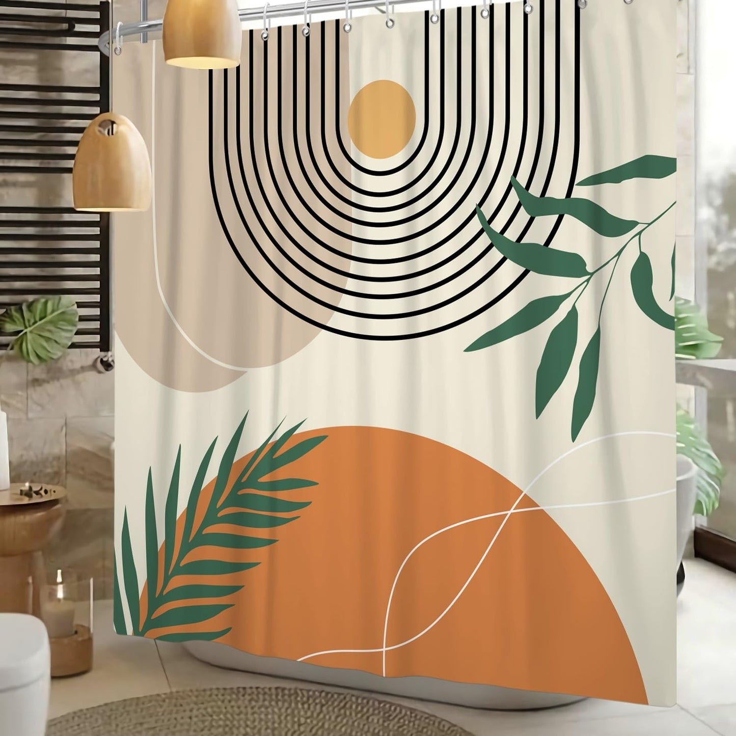 Xiaoterna Boho Sun Line Shower Curtain Rustic Boho Bathroom Curtain Modern Abstract Shower Curtain Green Leaves Sun Lace Lines Shower Curtain Machine