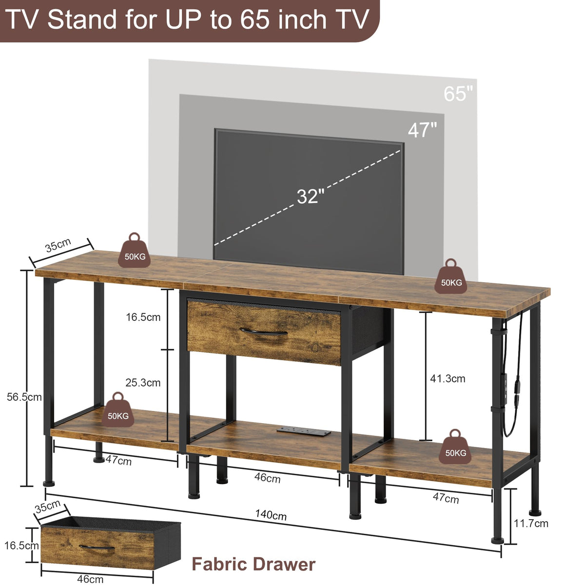 OYRREU TV Stand Cabinet LED for 65 55 Inch, TV Unit with Socket, USB Slots