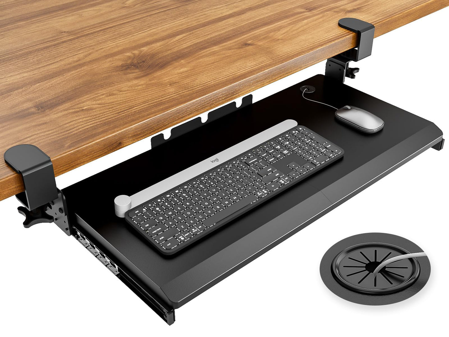 Keyboard Tray Under Desk Pull Out with Extra Sturdy C Clamp Mount System, 693.42 (825.5 mm Including Clamps) x 279.4 mm Slide-Out Platform Computer