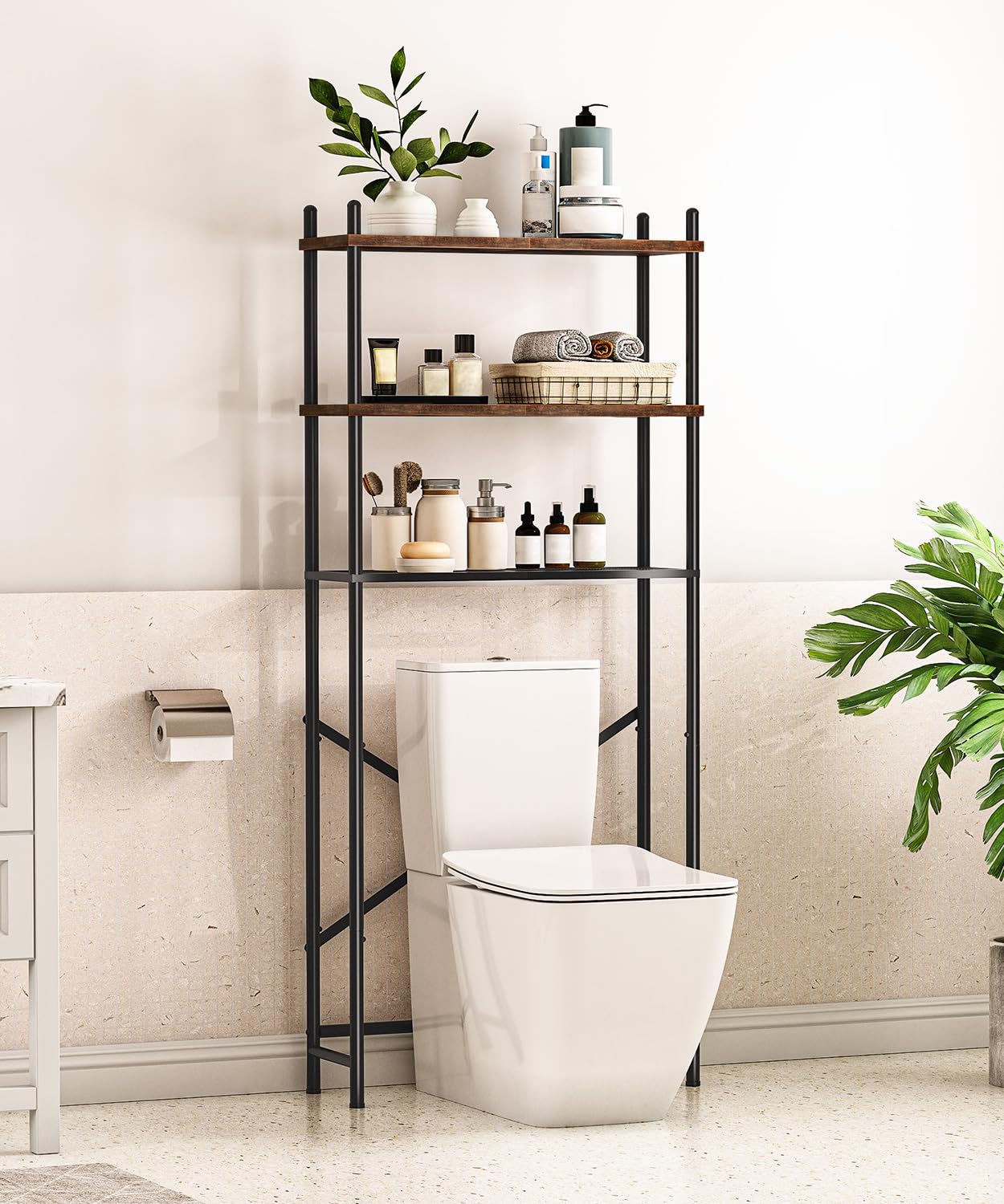 HOOBRO Over Toilet Storage Unit Bathroom Shelf, 3-Tier Bathroom Storage Unit, Freestanding Above Toilet Storage Rack with Adjustable Feet