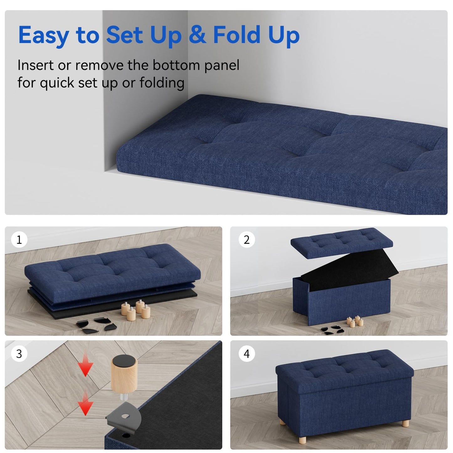 BRIAN & DANY Ottoman Storage Box with 4 Wood Legs, Linen Storage Ottoman for Living Room, Blue, 76 x 38 x 38 cm