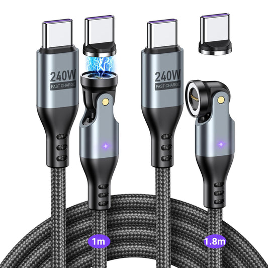 VAFOTON 240W Magnetic Charging Cable 9Pins (2Pack, 1m/1.8m), PD 240W USB C to USB C Magnetic Phone Charger Cables for Tablet/Laptop/MaBook/Smartphone
