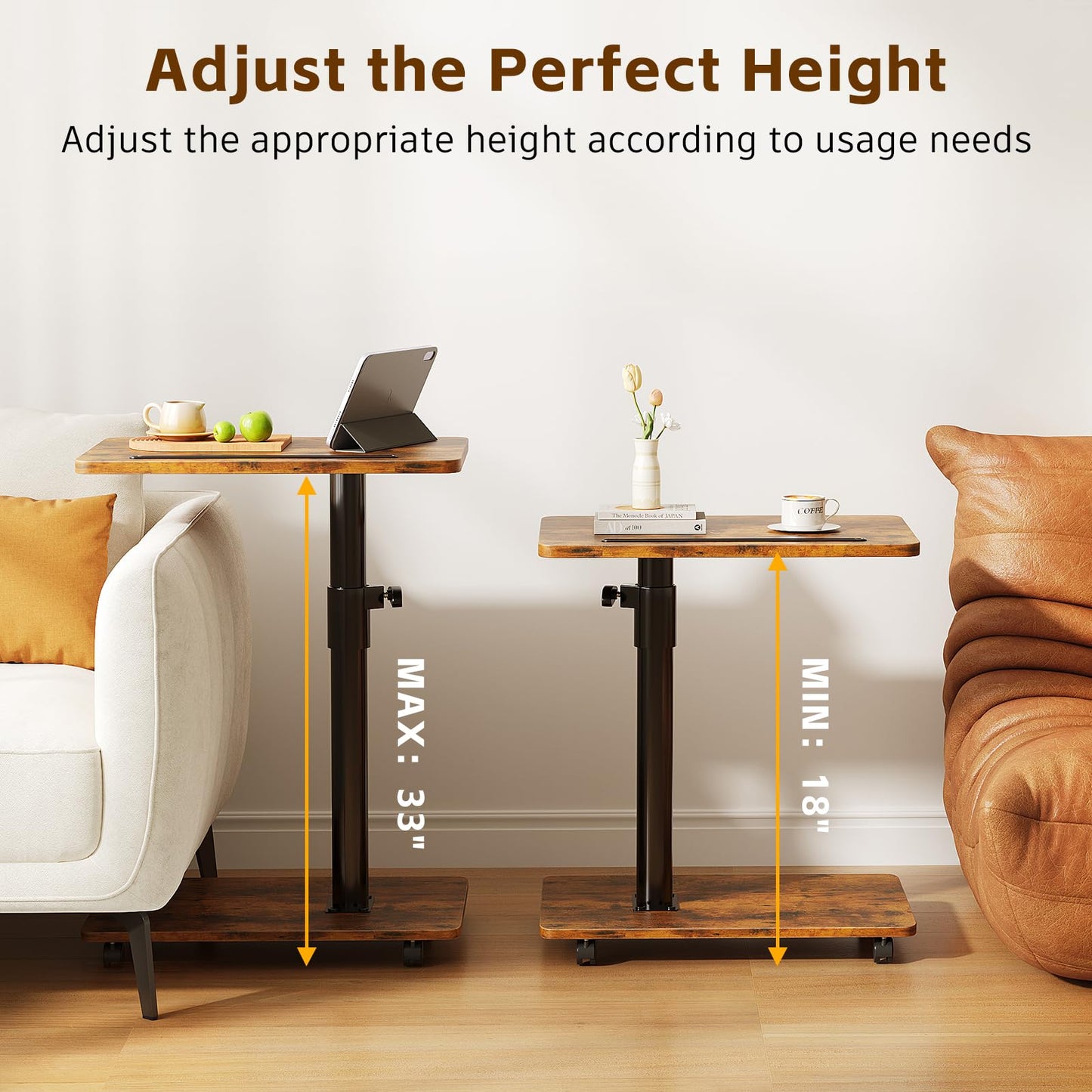 CAIYUN C Shaped Side Table, Height Adjustable Swivel 360° Rotating, Brown End Table Set of 2 for Small Spaces