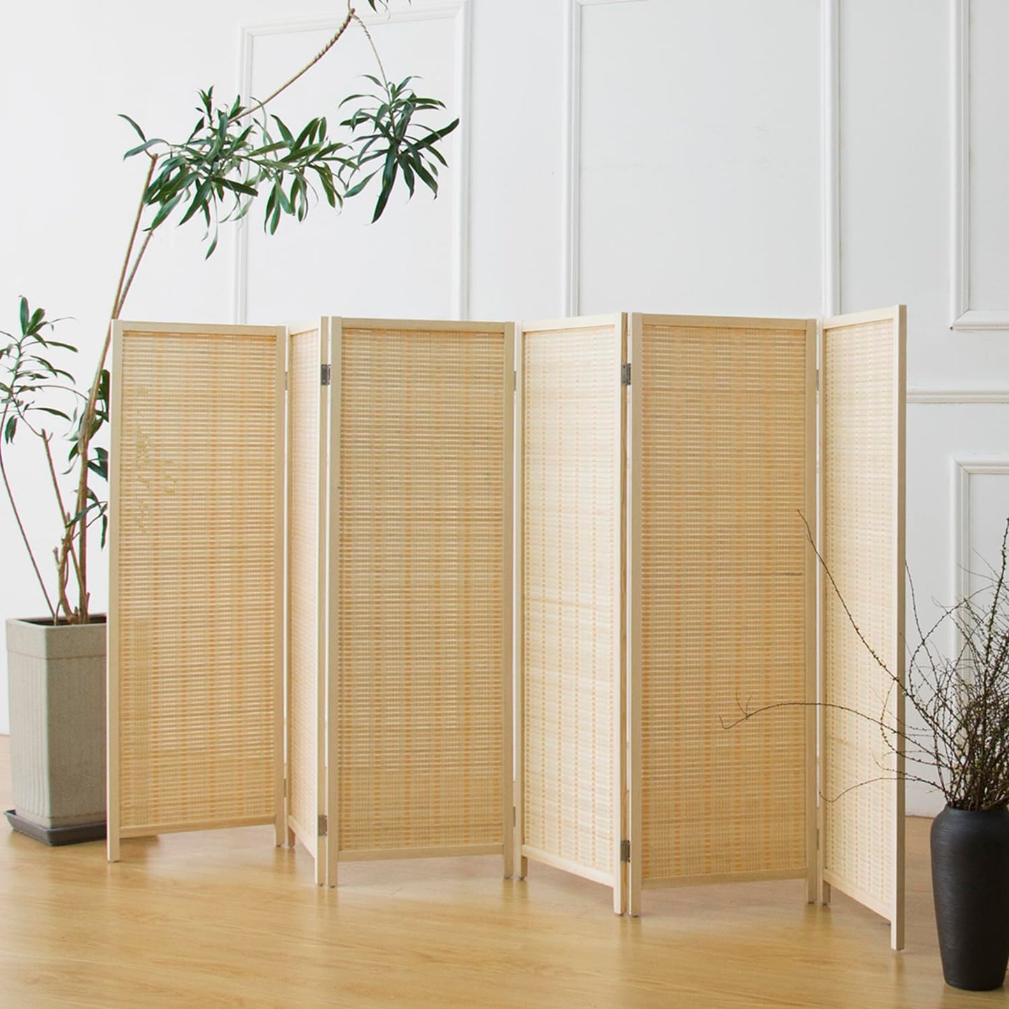 Furnnylane 6 Panel Bamboo Room Divider Short Folding Screen Divider,Double Sided Bamboo Panel Divider for Room Separation,Beige,120 cm H x 234 cm W