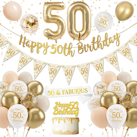 50th Birthday Decorations for Women - Sand White Gold Banner, Balloons, Triangle Flag Number 50, Cake Topper for Party