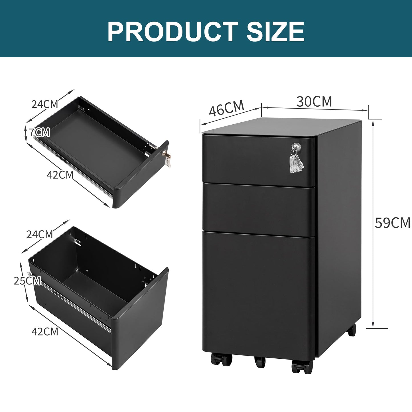 LVSTEEL Lockable 3-Drawer Metal Filing Cabinet on Wheels, Fully Assembled Mobile Office Storage for A4/Letter/Legal